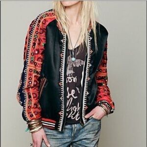 Free People New Romantics Embellished Baseball Jacket Reversible Satin Mirror XS